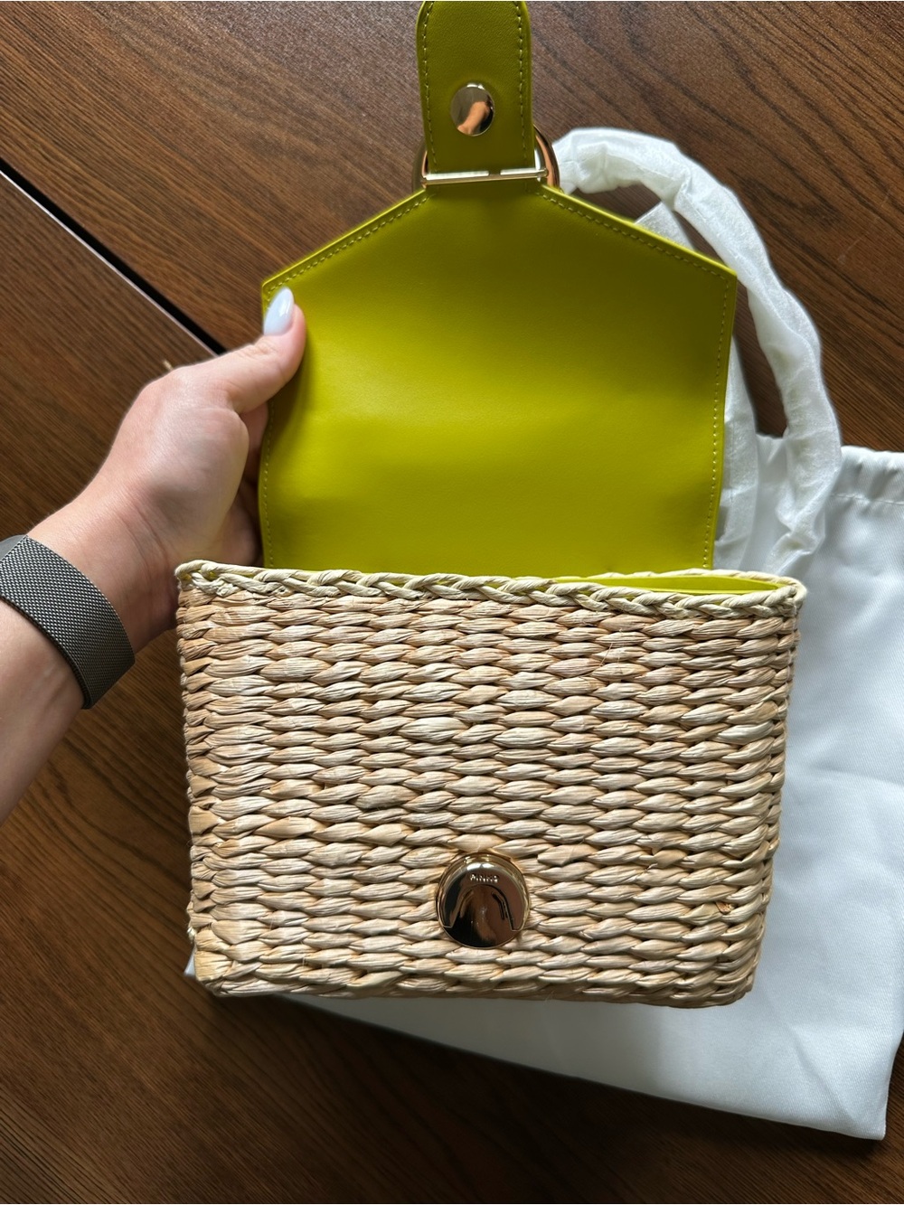 Pinko Lime Green Leather & Woven Shoulder Bag - Picture 5 of 8